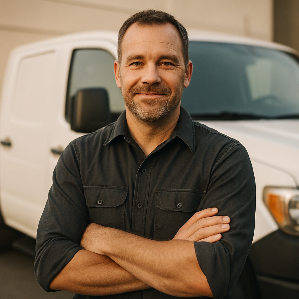 Beezer, founder and former firefighter, standing in front of his service truck